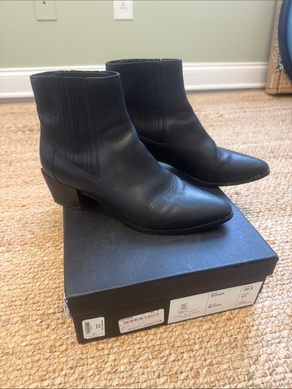 rag & bone Rover Black Leather Ankle Chelsea Booties with Pointed Toe